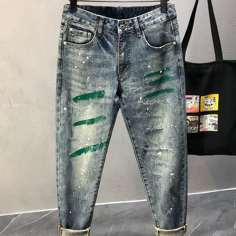 Pantaloni in denim alla moda da uomo Personalità gamba dritta piccola_voghion.com