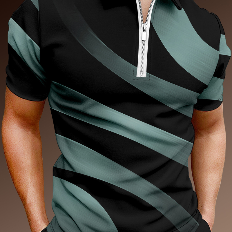 Men's Clothing Art series geometric striped color block pattern lapel short sleeve Polo printed top_voghion.com