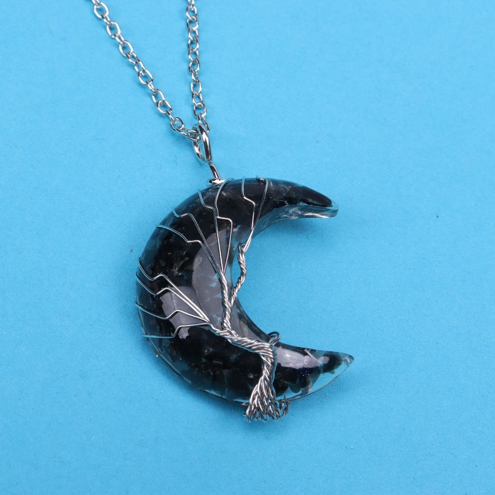 Collana in resina con albero della vita - Ciondolo a forma di luna con ghiaia di cristallo colorato per protezione spirituale e buona fortuna_voghion.com