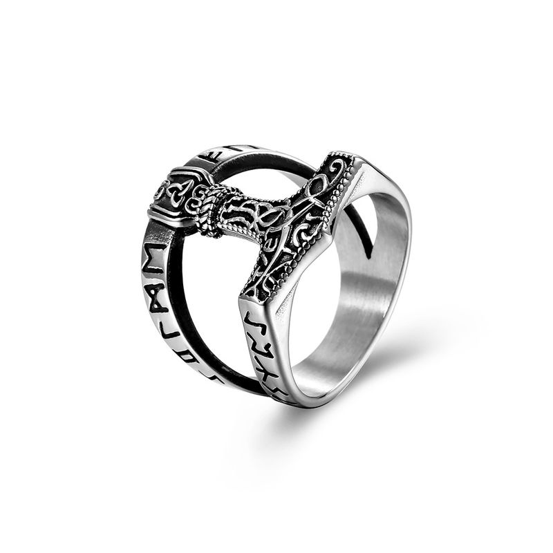 Retro Nordic Viking Text Thor's Hammer Titanium Steel Ring Men's Triangle Knot Large Ring_voghion.com