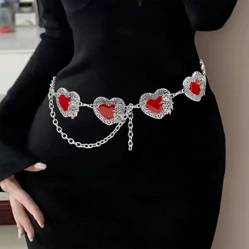 Retro Metal Heart Ruby Inlaid Waist Chain Female Personality European And American Street Skirt Chain Denim Decorative Belt_voghion.com