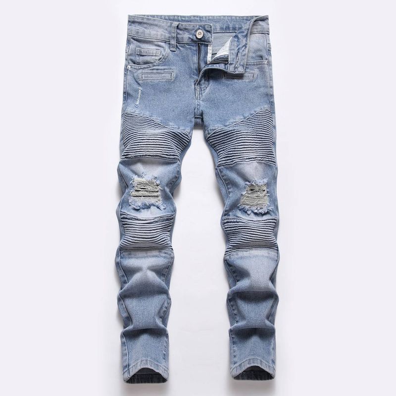 Kid's Clothing Motorcycle Boys Spring And Autumn Mid Blue Mid Waist Trousers Straight Leg Ripped Washed Bullet Jeans_voghion.com