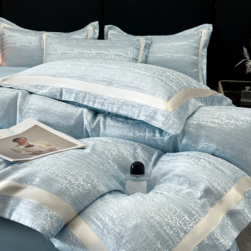 Parure de lit 4 pièces en soie lavée Tencel Jacquard - Design luxueux à ourlet large Tissu respirant de qualité supérieure_voghion.com