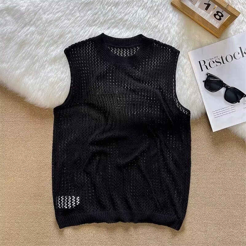 Herenkleding Zomer Hollow Vest T-shirt Heren High End Design Niche Gemakkelijk te Matchen Raster Gelaagde Losse Top_voghion.com