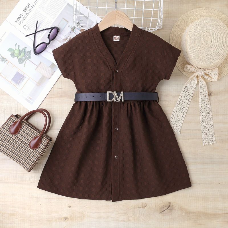 Roupas de bebê infantil verão vestido infantil cor sólida quadrado stretch air check manga curta anágua com cinto_voghion.com