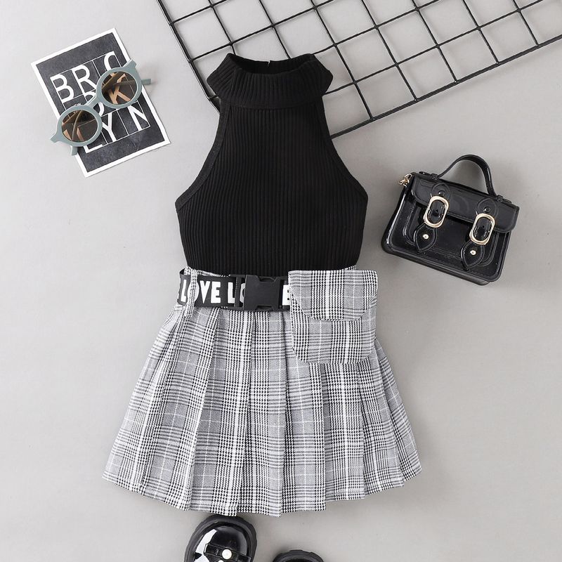 Baby clothes Spring and summer elementary and middle school girls sleeveless letter pit top pleated plaid skirt Fanny pack_voghion.com