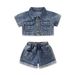 Kinderkleidung Sommer Stilvolle Mädchen Arbeitskleidung Denim Zweiteiler Kurzarm Strickjacke + Shorts_voghion.com
