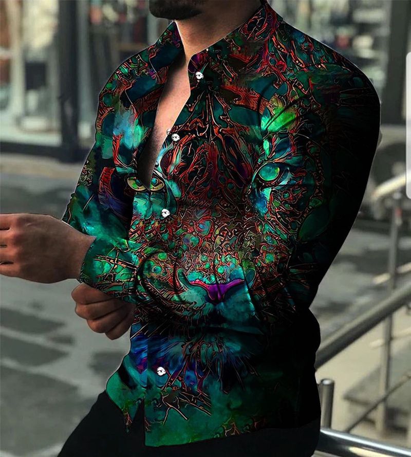 2025 Frühjahr Neue Herren 3D Digital Print Gestreiften Casual Plus Größe Langarm Hemd_voghion.com