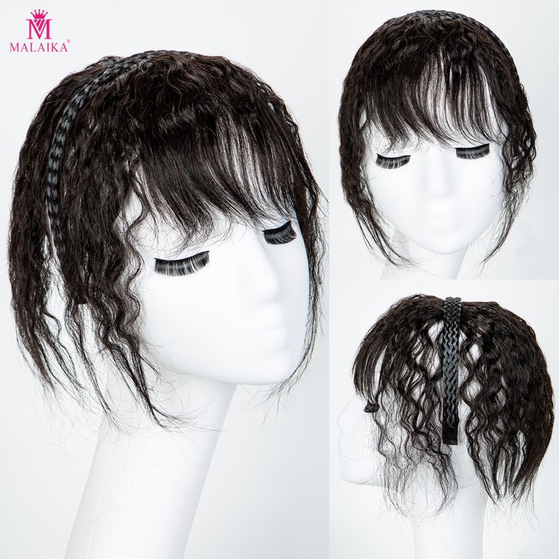 Frauen Twist Braid Stirnband Gerade Haarteile Echthaar Clip In Topper Haarverlängerungen Mit Pony Natürliches Schwarzes Lockiges Haar_voghion.com