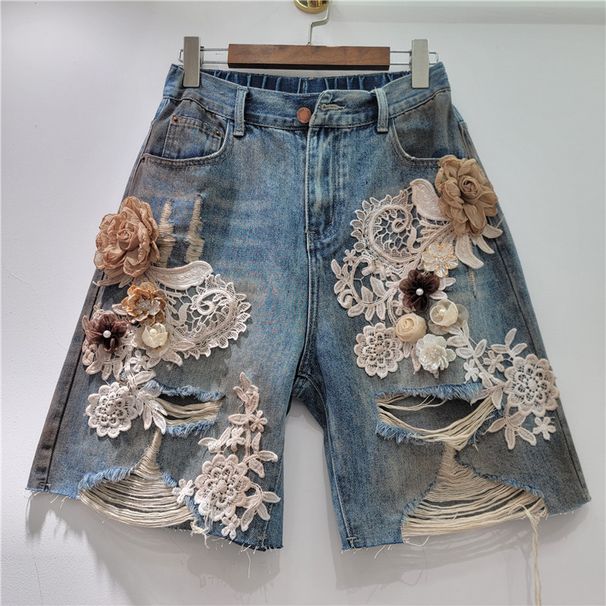 2025 Summer New Niche Lace Flower Stitching Drawing Hole Rhinestone Back Elastic Waist Trendy Cool Denim Shorts_voghion.com