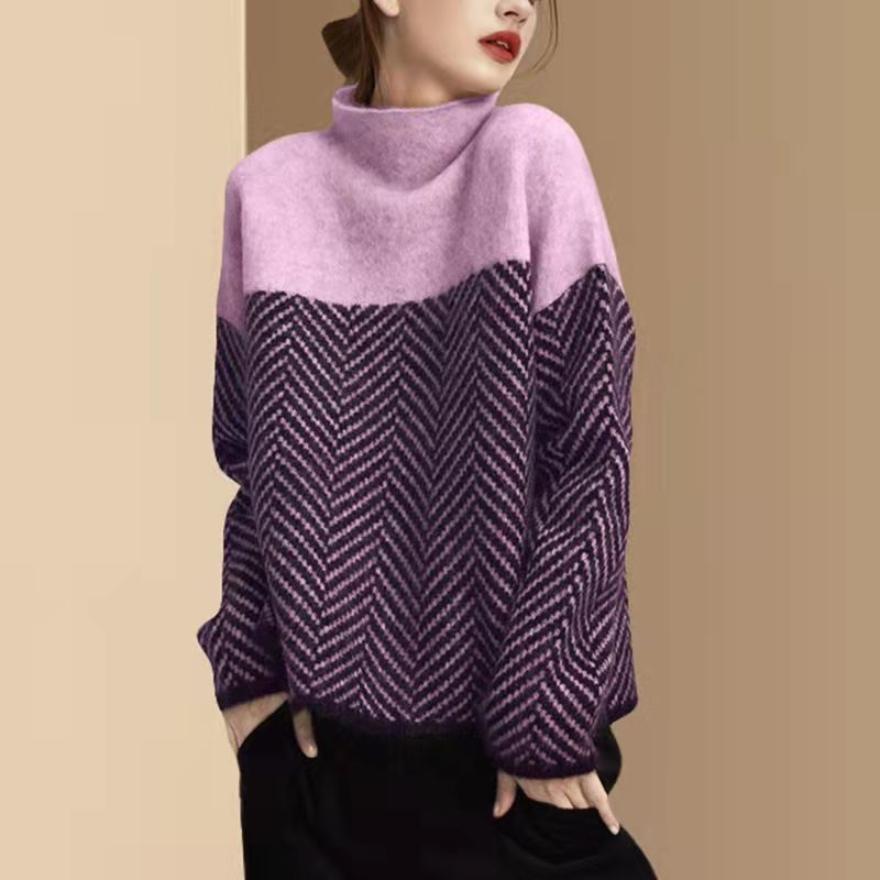 Maglione semi-dolcevita color-block vintage | Pullover in maglia comoda e ampia | Design casual chic a righe | Caldo top invernale alla moda_voghion.com