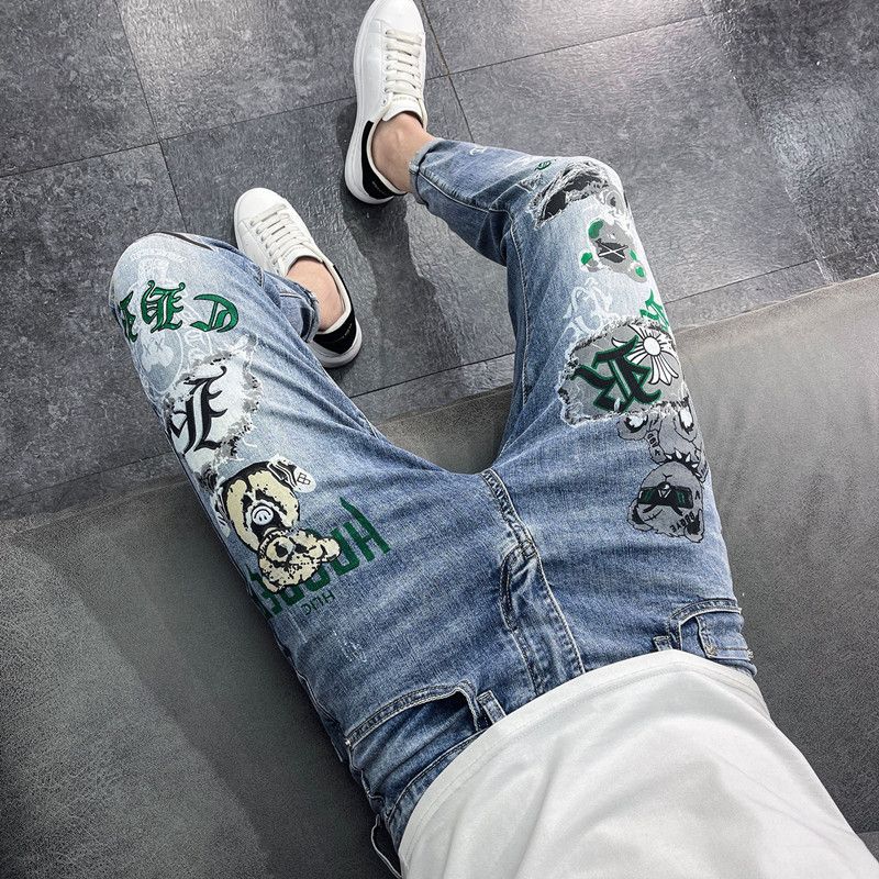 Teenage Clothing Modemärkt jeans herrtryckta blå byxor byxor slim fit små fötter _voghion.com