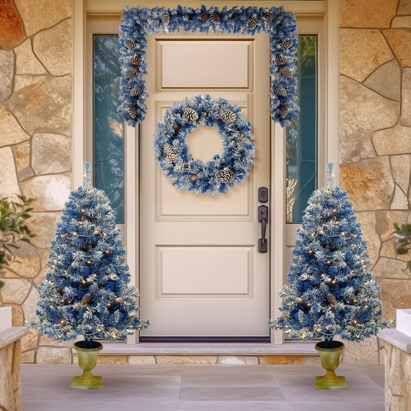 Pre-lit Xmas Tree Artificial Christmas 4-Piece Set,Garland, Wreath And Set Of 2 Entrance Trees X-mas With LED Lights, Christmas Tree_voghion.com