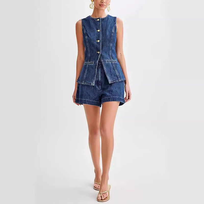 Women's Clothing Summer Fashion Casual Sleeveless High Waist Women's Suit Denim Shorts_voghion.com