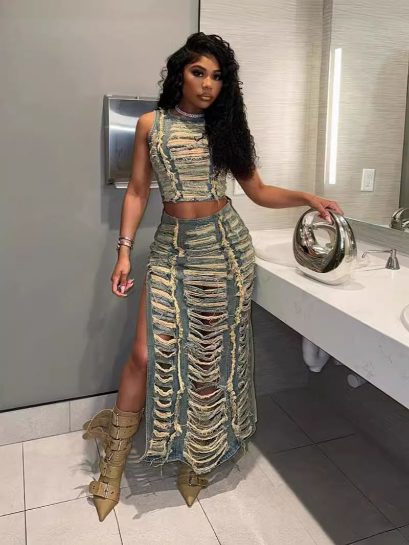 Women’s Clothing women's denim suits, cross border women's fashion, personalized hand worn vest, high slit denim skirt suit_voghion.com