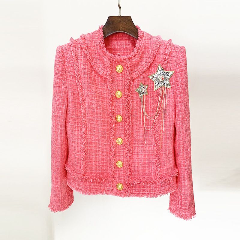 ​​Elegante rosa Tweedjacke – Wollmantel im europäischen Stil mit Perlenabzeichen, ein Must-have für die Herbst-Winter-Mode​​_voghion.com