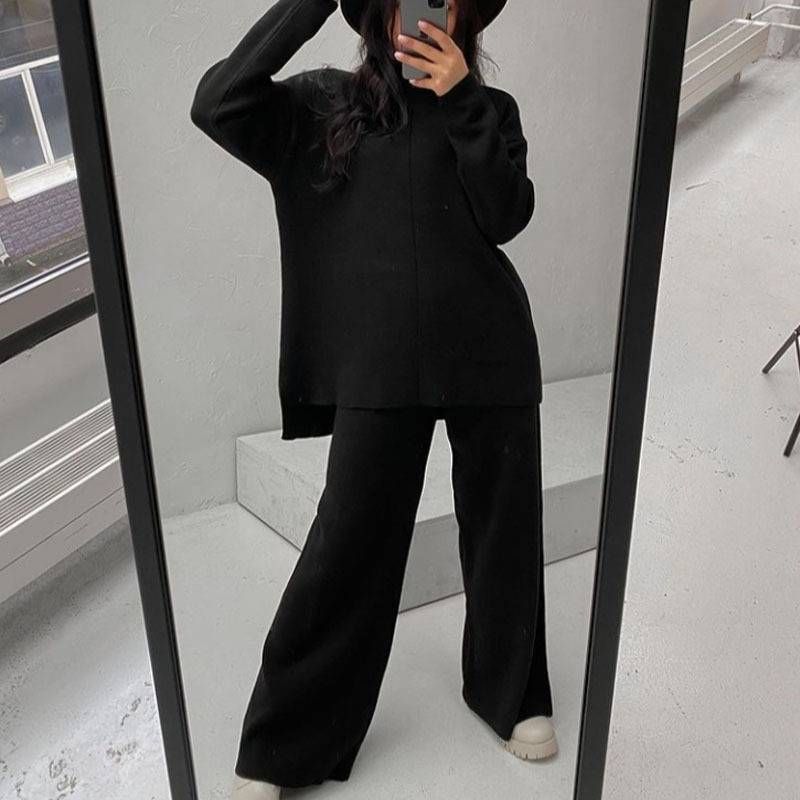 Abito da donna in due pezzi, semplice maglione casual ampio a maniche lunghe lavorato a maglia, pantaloni a gamba larga_voghion.com