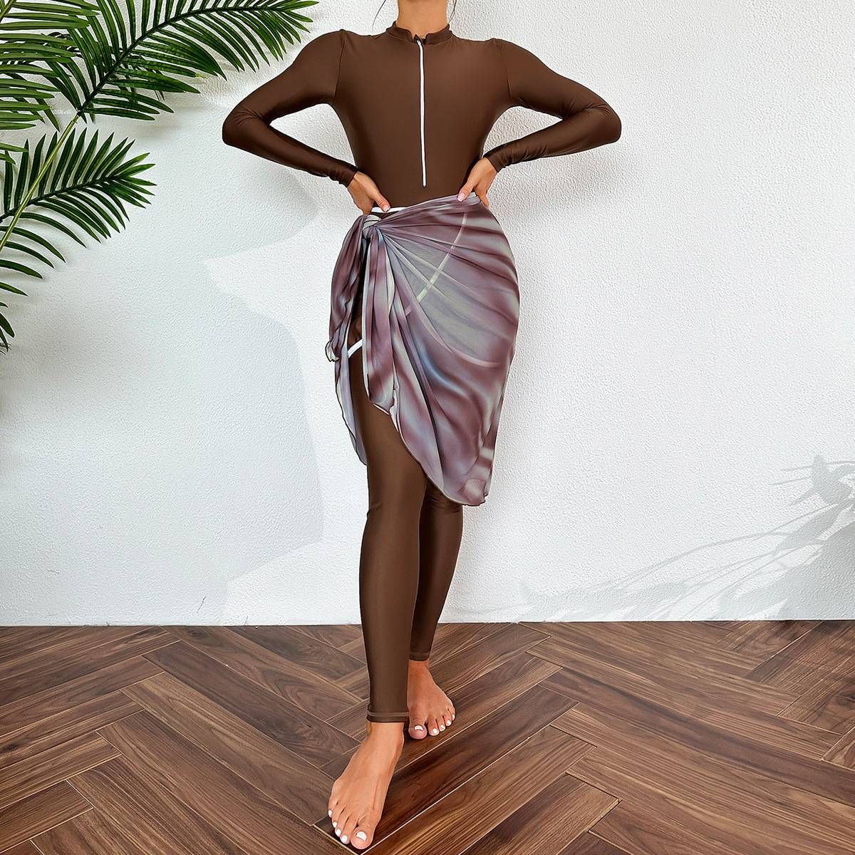 Women's Clothing Solid Color Long Sleeved Trousers Sun Protection Beach Swimwear Three Piece Swimsuit_voghion.com