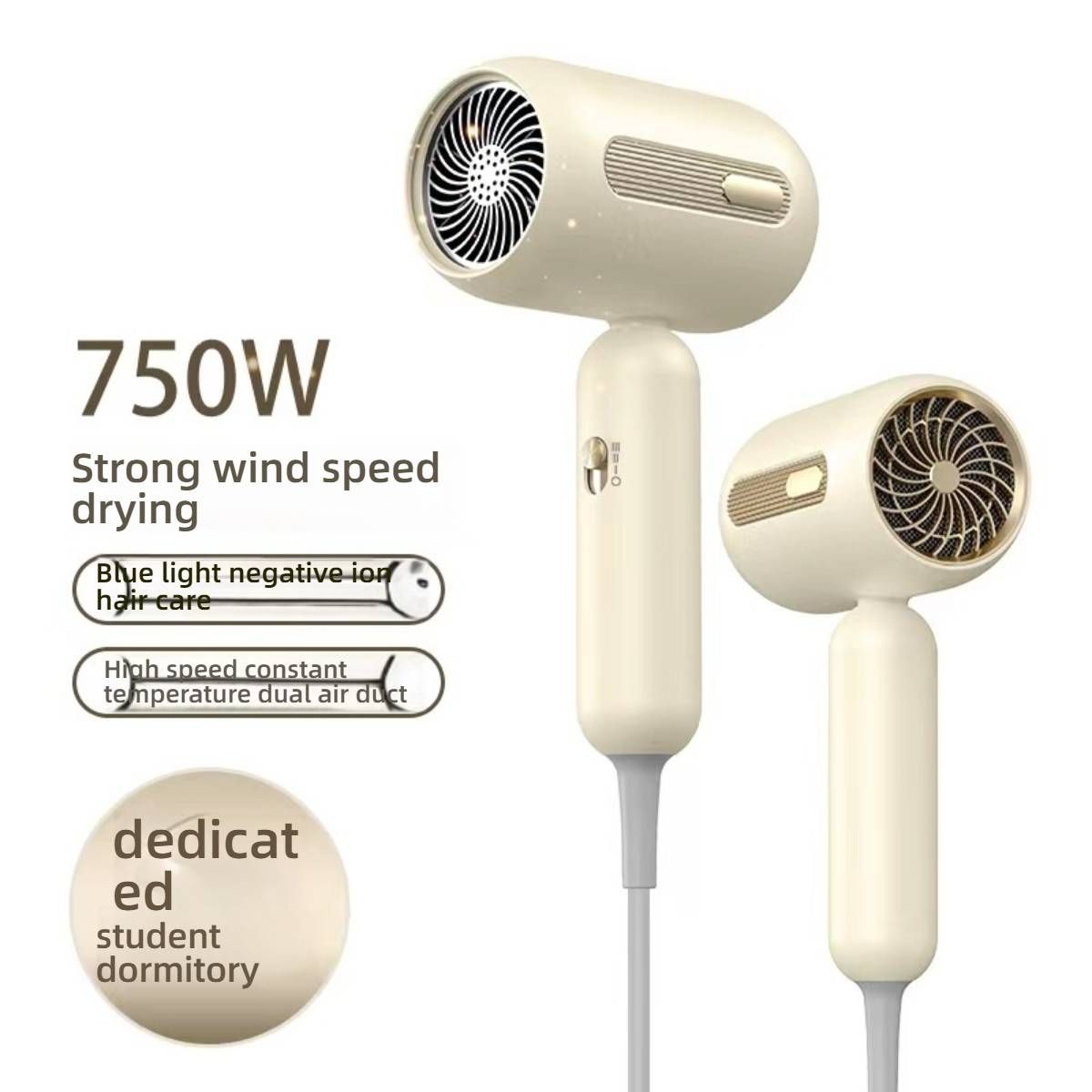 Hair Dryer – 750W/1250W/1900W, 3-Speed, Overheat Protection, ABS Shell, CE Certified (White/Beige, EU/US/UK Plug Options)_voghion.com