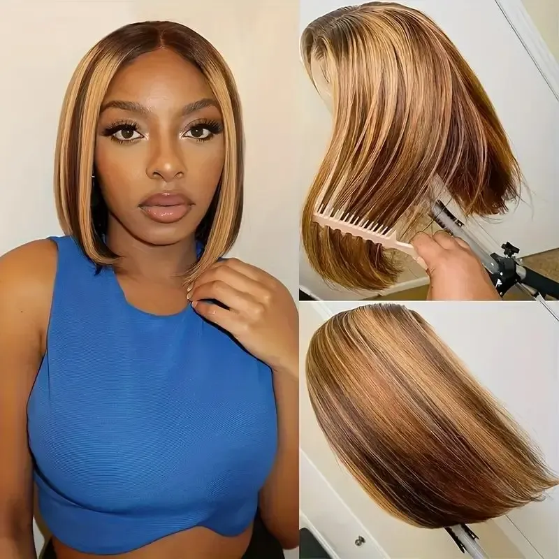 Peruanisches Remy-Haar, kurzer Bob, Ombre-Farbe, Echthaar-Perücke, gerade Spitze vorne für Frauen_voghion.com