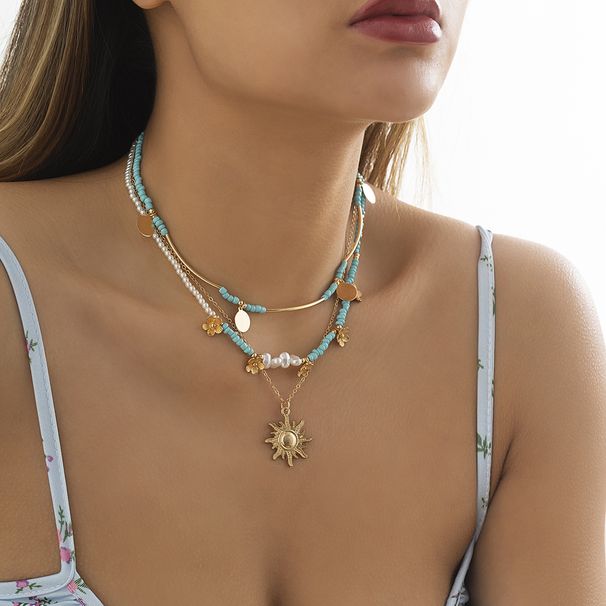 Bijouen Multilayer Perl Pailletten Halskette ethnesch Räisperl Blummen Anhänger Halskette Fra_voghion.com