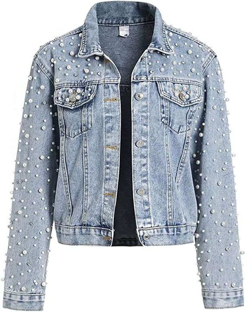 Vêtements pour femmes Nouvelle veste en jean robuste à rivets en diamant Veste à manches longues pour femmes de style coréen Veste ample et slim à la mode_voghion.com