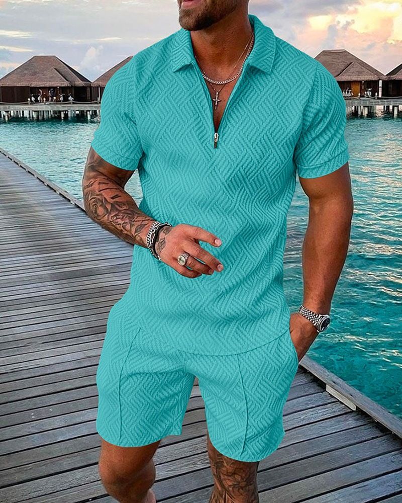 Neu Mode Lässig Set 3D Digital Gedruckt Reißverschluss Kurzarm herren Shorts_voghion.com