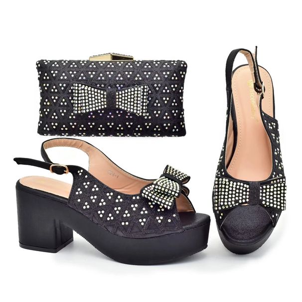 Set di borse e scarpe da donna, sandali con tacco grosso, punta rotonda, decorati con fiocco italiano, con pochette da sera in tinta_voghion.com