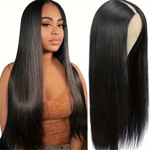 V-formet rett parykk med ekte hår, 100 % brasiliansk jomfruhår, 180 % tetthet_voghion.com