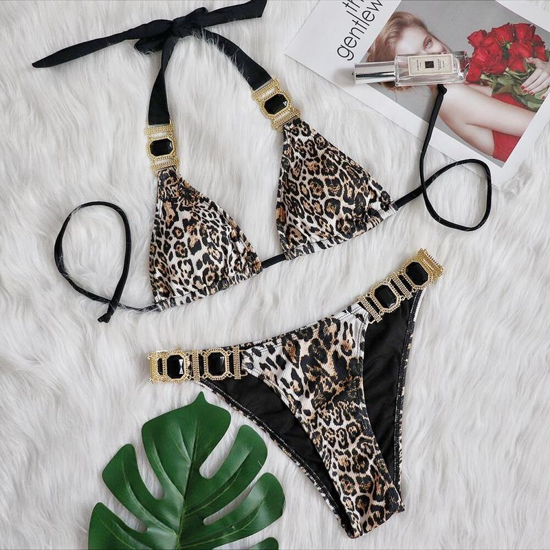 Maillot de bain bikini pour femmes, style célébrité, vacances, sexy, imprimé léopard, diamant, taille basse, push-up, fendu, maillot de bain_voghion.com