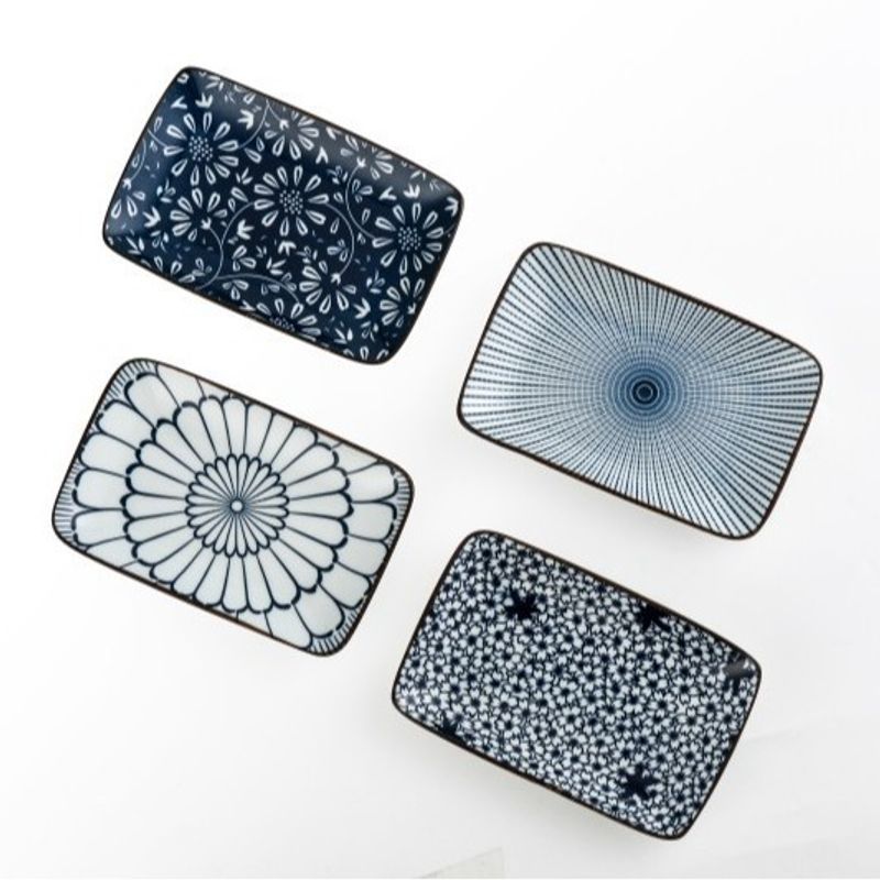 Japanese Style Ceramic Rectangular Plate Four Plate Tableware Set Household Underglaze Color Creative Sushi Plate Dessert Plate Snack Plate_voghion.com