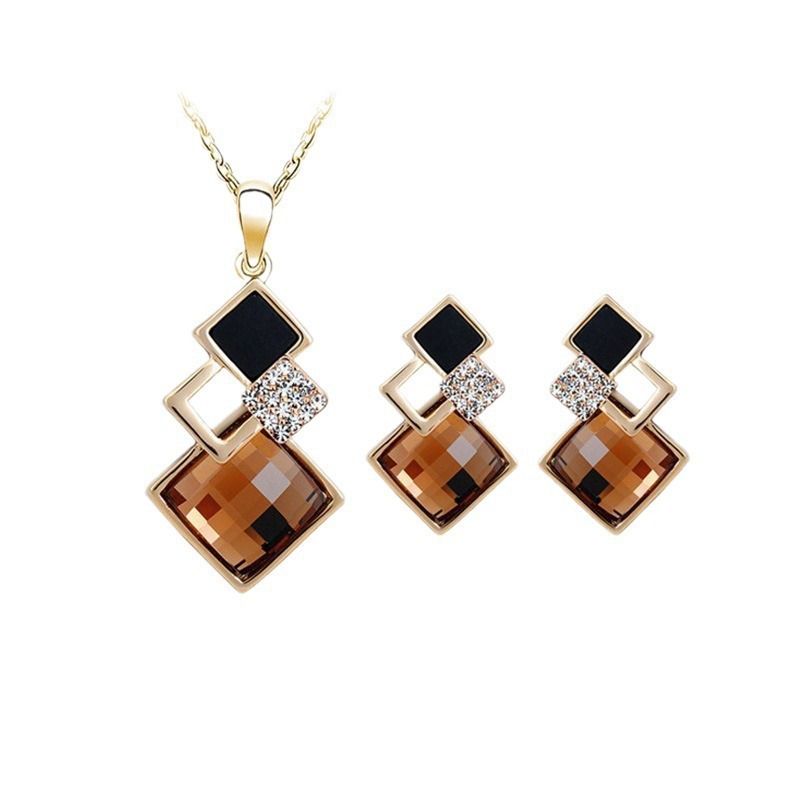 Set di gioielli con collana e orecchini geometrici con pietre preziose, goccia d'acqua, diamante, cuore, cristallo, due pezzi per donna_voghion.com