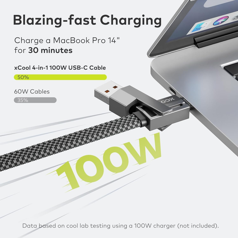 XCOOL USB C cable, 4-in-1 data (6 feet), 100W charger with hook loop fasteners and management, USB-C cable \/fast_voghion.com