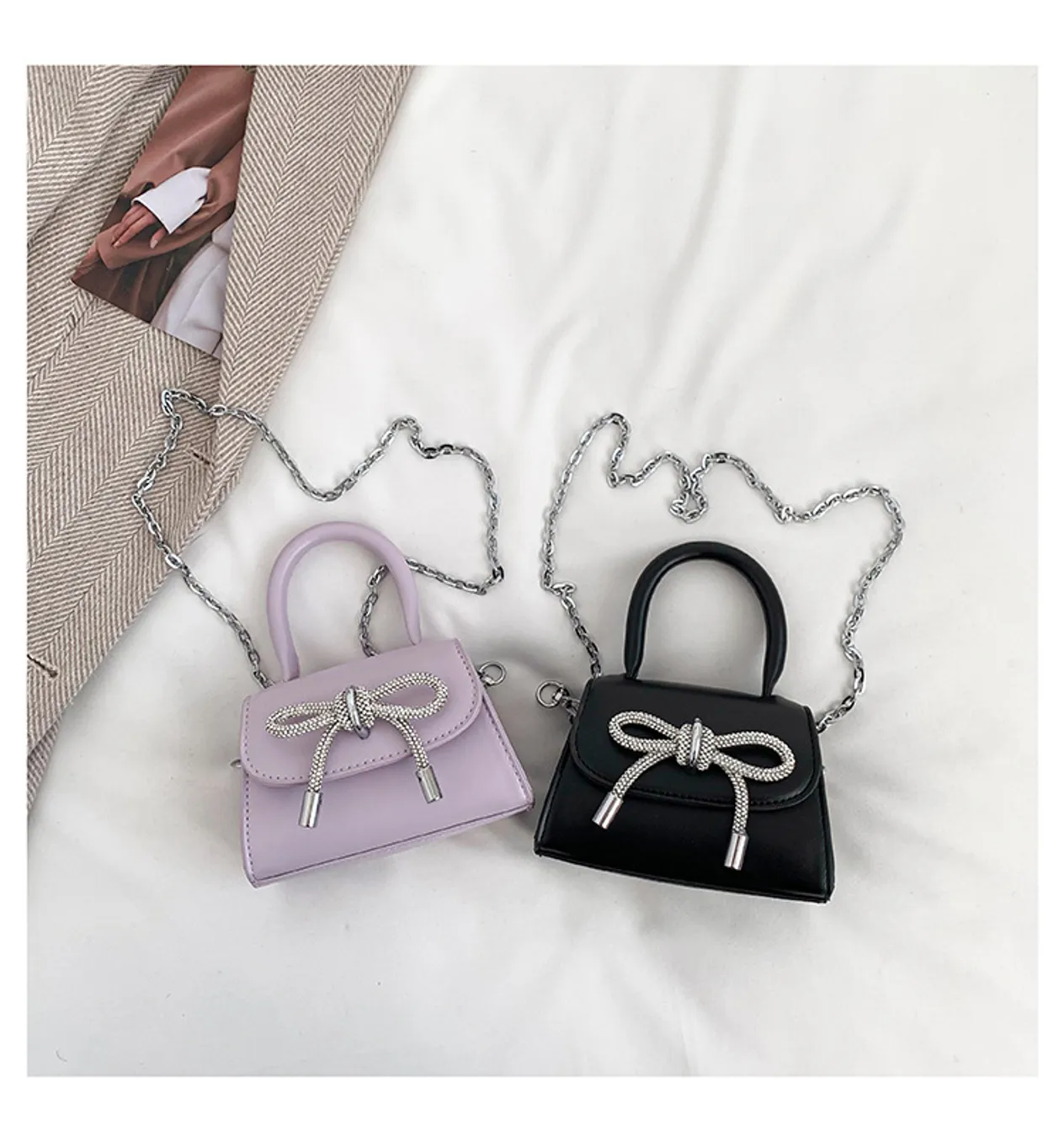 Sac pour enfants de petite fille, nouveau sac à main pour fille avec nœud clouté de diamants de printemps et d'été, sac à bandoulière en chaîne pour femmes de niche, sac rouge pour femmes_voghion.com