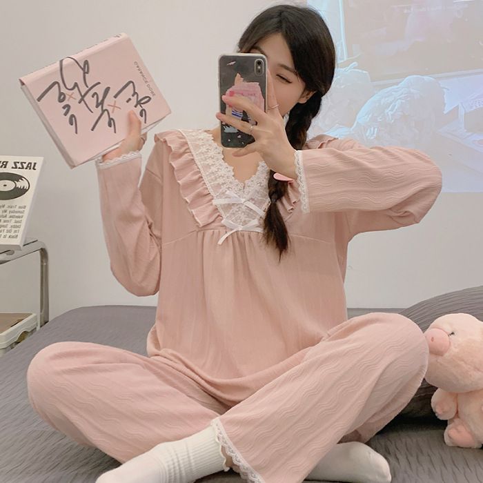 „Fat Sister“ pižama moterims 2024 m. pavasario ir rudens princesės stiliaus ilgomis rankovėmis kelnės plius didelis dydis 220 svoris dviejų dalių_voghion.com