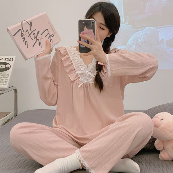 „Fat Sister“ pižama moterims 2024 m. pavasario ir rudens princesės stiliaus ilgomis rankovėmis kelnės plius didelis dydis 220 svoris dviejų dalių_voghion.com