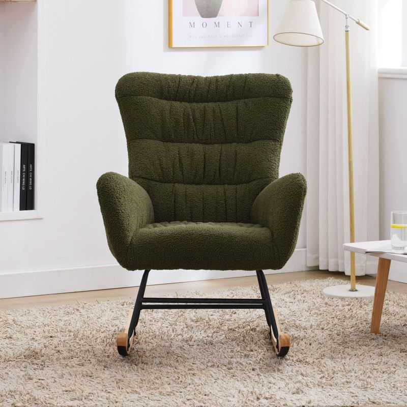 Rocking Chair With Pocket, Soft Teddy Fabric Rocking Chair For Nursery, Comfy Wingback Golider Rocking Chair With Safe Solid Wood Base For Living Room Bedroom Balcony(ROSY-BROWN)_voghion.com