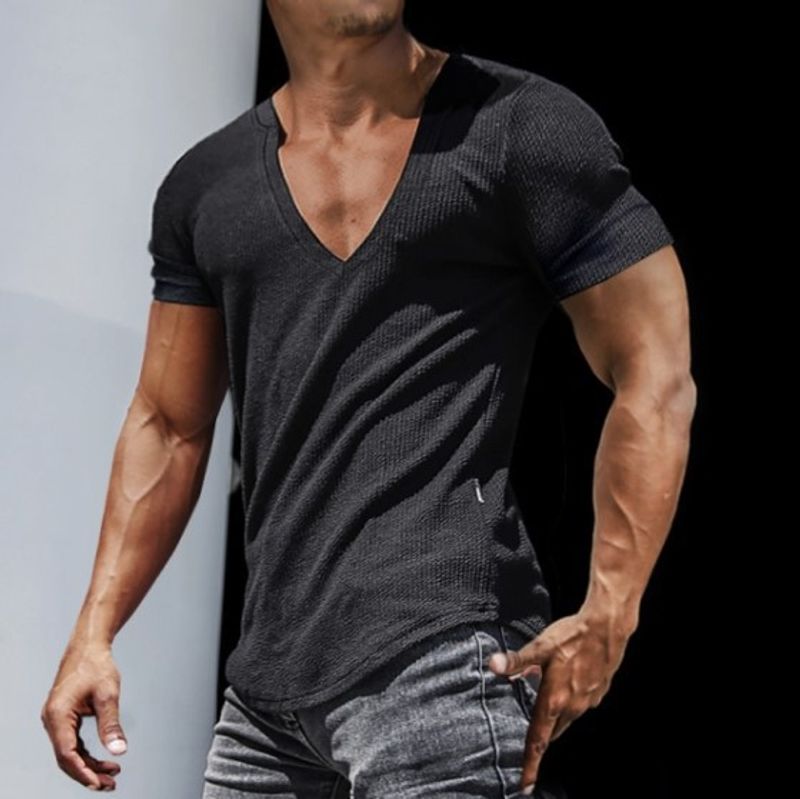 Herren T-Shirt Übergröße Casual Slim Kurzarm Sport Fitness Laufen V-Ausschnitt Tops_voghion.com