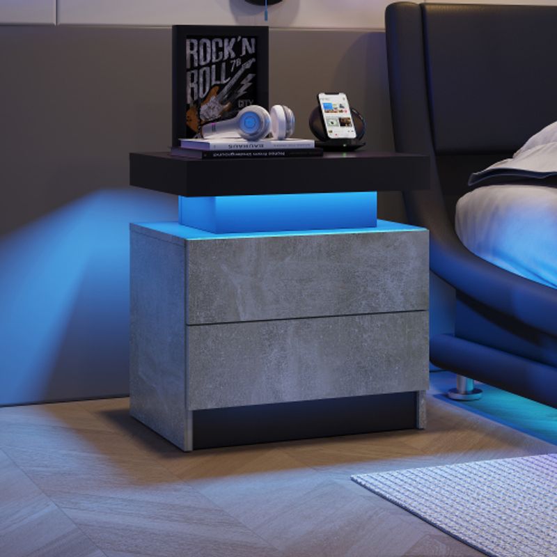 Table de chevet à LED, meuble d'extrémité moderne avec 2 tiroirs pour chambre à coucher (gris)_voghion.com