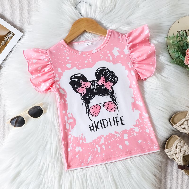 Mother & Kids Girls' Short Sleeve T-Shirt With Letter Print & Flutter Sleeves - Soft Cotton Summer Top For Toddlers & Kids (90-130cm, Pink/Red)​_voghion.com