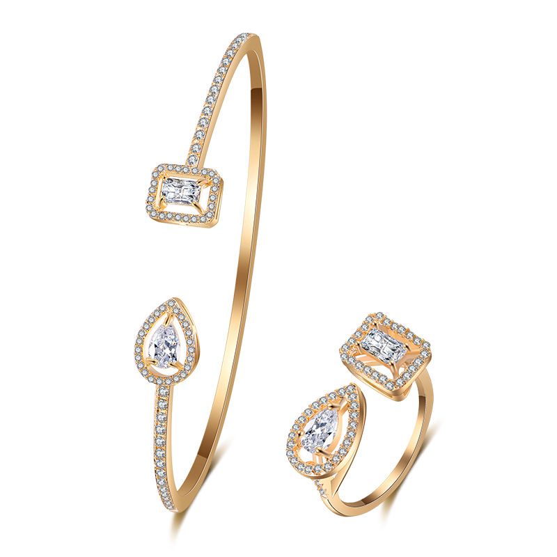 Damenschmuck, offenes Ende, Tropfenform, voller Diamanten, Zirkonia, Armband, Ring, zweiteiliges Set, hochwertiger quadratischer Diamant, verstellbarer Schmuck, Handschmuck_voghion.com