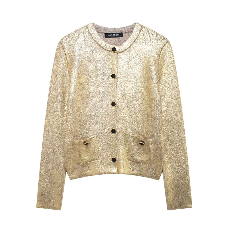 Damenbekleidung 2024 Herbst/Winter neuer Stil Metallfolie Strickjacke_voghion.com
