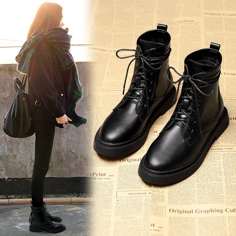 Trendy Martin für Damen Herbst Winter Neue dicke Ferse flache schwarze atmungsaktive Schnürstiefeletten Damen Einzelschuhe_voghion.com