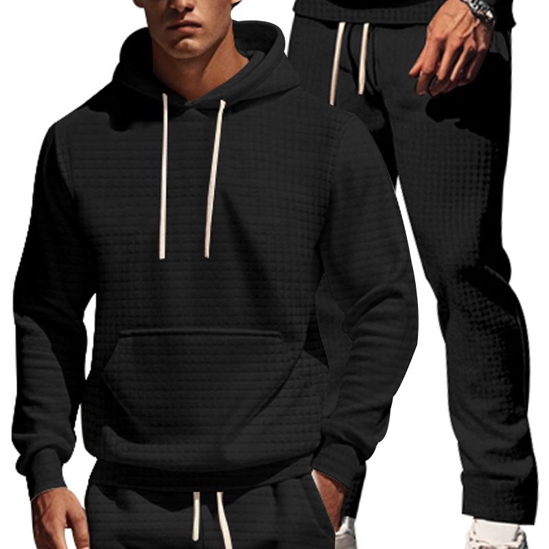 Fall men's heavy jacquard small plaid long-sleeved trousers hooded suit casual suit_voghion.com