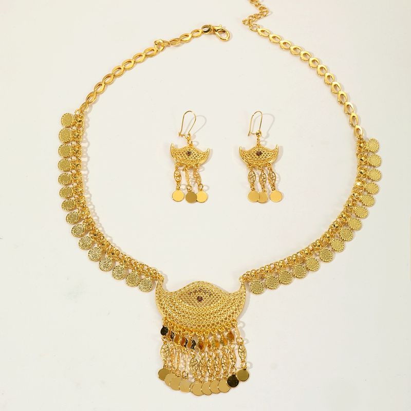 New Jewelry Set Hot Selling Fashion Gold Alloy Hollow Coin Tassel Necklace and Earrings for Women_voghion.com