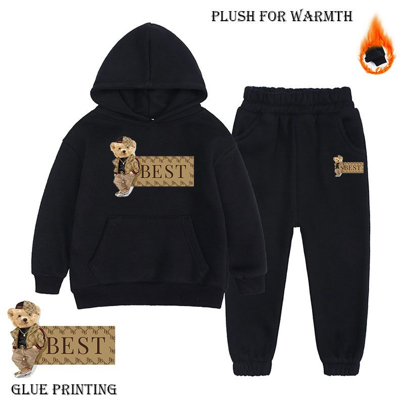 Mother & Kids New Plush Long Sleeved Hooded Bear Letter Print Sweatshirt Suit Loose Sweatpants Two Piece Set_voghion.com