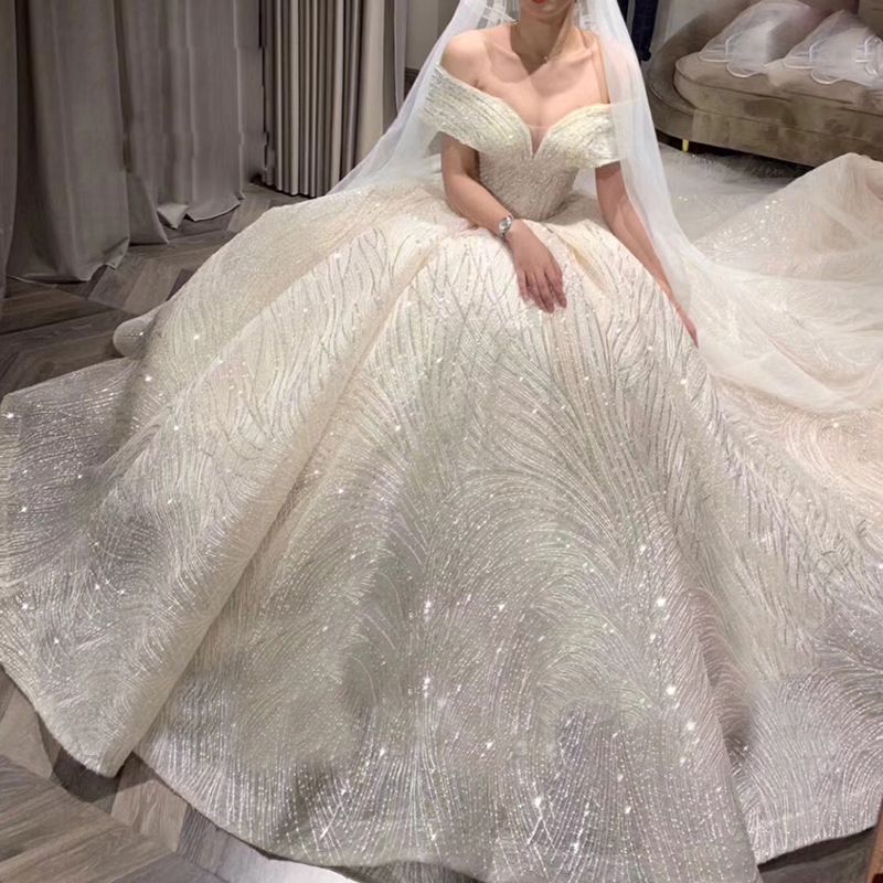 Women's Fantasy Starry Sky Bride Main Wedding Dress One Shoulder Wedding Dress High Waist Luxurious Trailing Dress_voghion.com