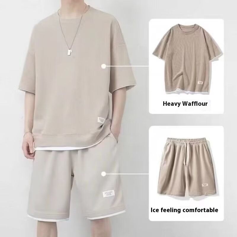 Summer new short sleeved T-shirt set, Waffle casual versatile sports thin fit loose men's summer set_voghion.com