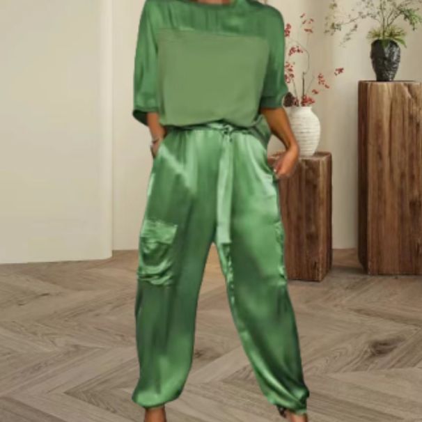 Costume deux pièces en satin à manches courtes pour femmes, hauts et pantalons avec poches_voghion.com
