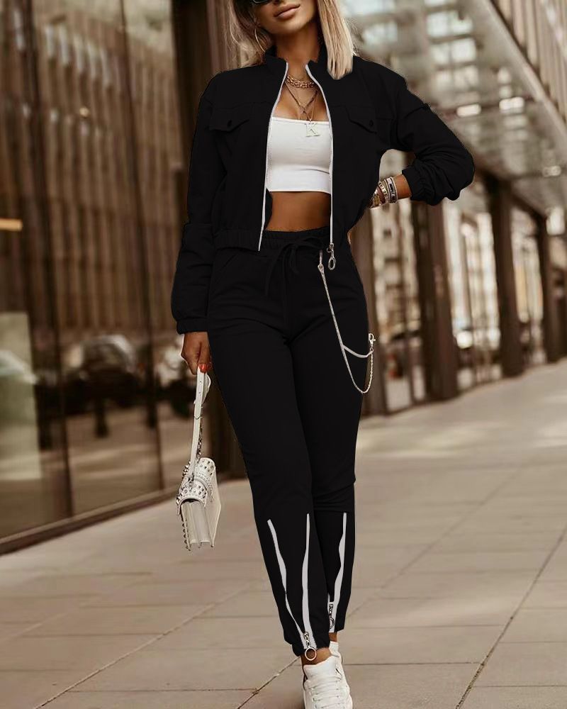 Women's New Zipper Design Long-sleeved Top + Drawstring Pants Casual Suit_voghion.com